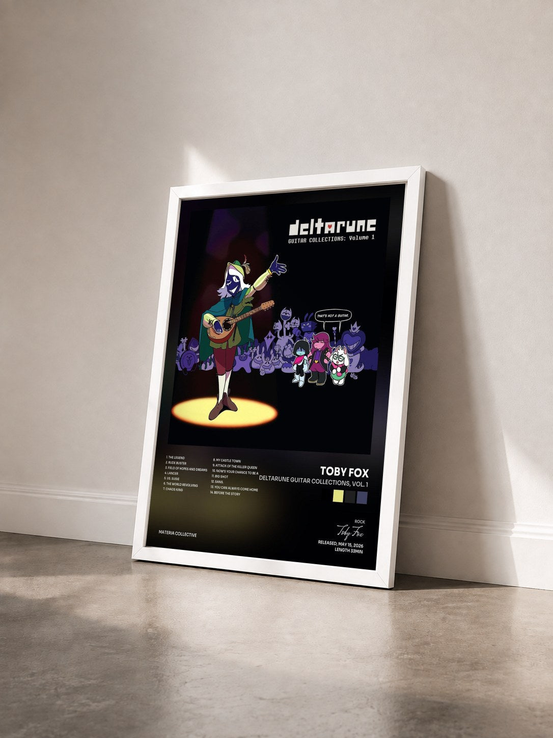 #blanc Tableau de l'album DELTARUNE Guitar Collections, Vol. 1 de Toby Fox vu de trois quarts, cadre blanc
