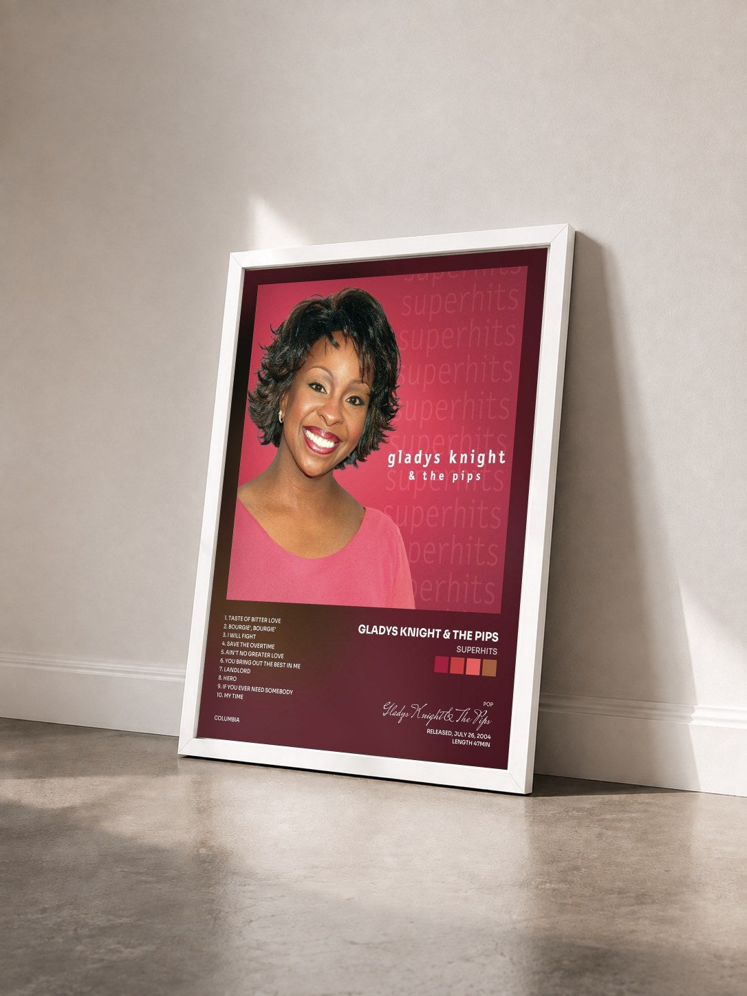 #blanc Tableau de l'album Superhits de Gladys Knight & The Pips vu de trois quarts, cadre blanc