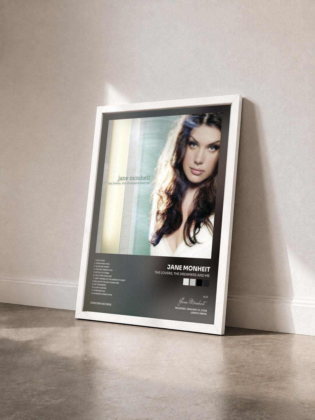 #blanc Tableau de l'album The Lovers, the Dreamers and Me de Jane Monheit vu de trois quarts, cadre blanc