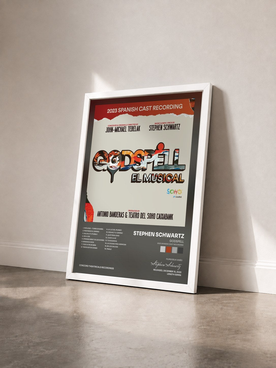 #blanc Tableau de l'album Godspell (2023 Spanish Cast Recording) de Stephen Schwartz vu de trois quarts, cadre blanc