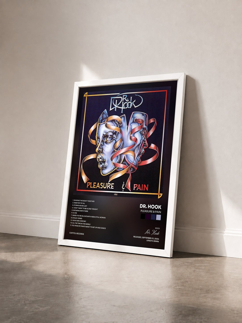 #blanc Tableau de l'album Pleasure & Pain de Dr. Hook vu de trois quarts, cadre blanc