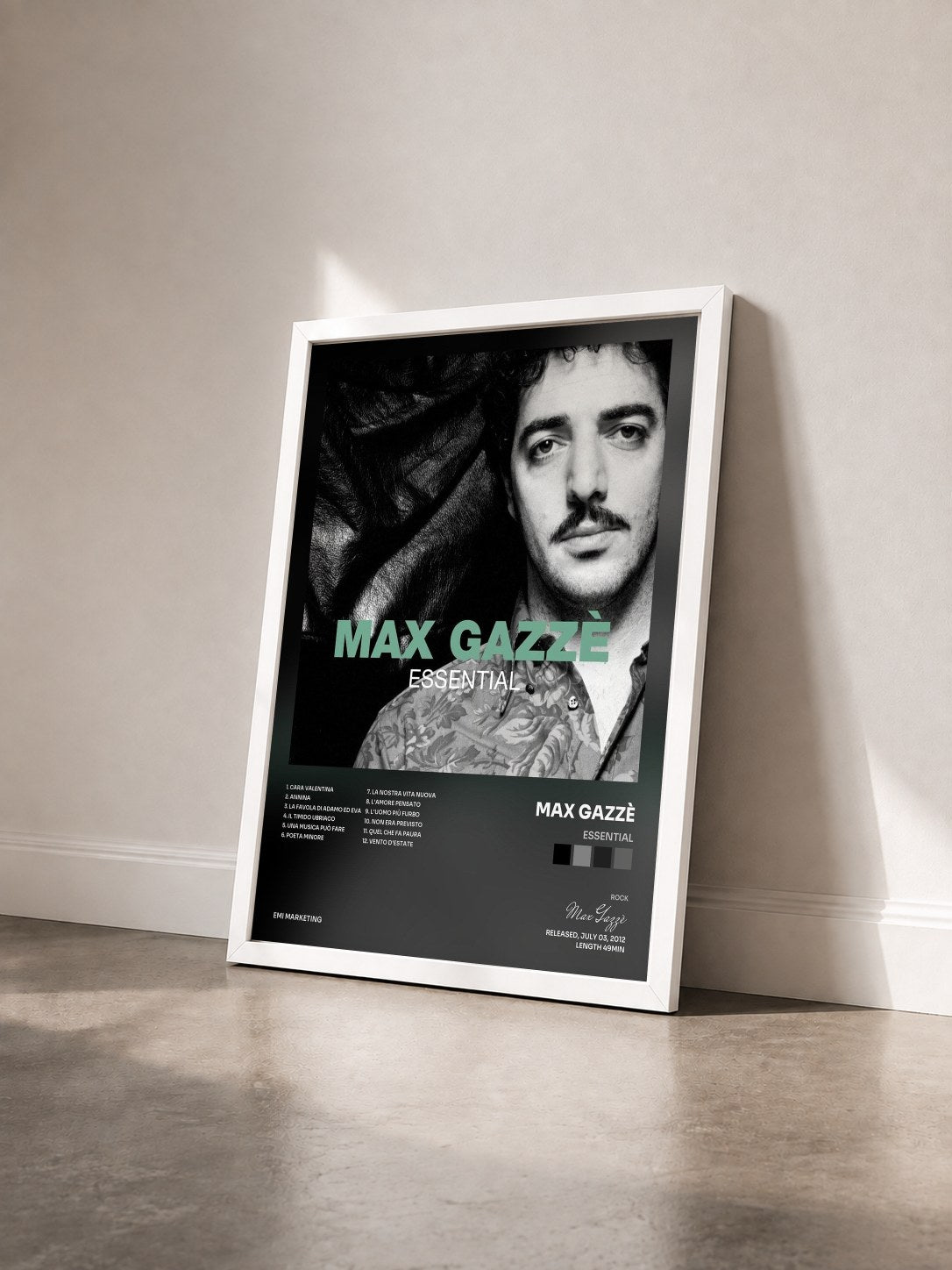 #blanc Tableau de l'album Essential de Max Gazzè vu de trois quarts, cadre blanc