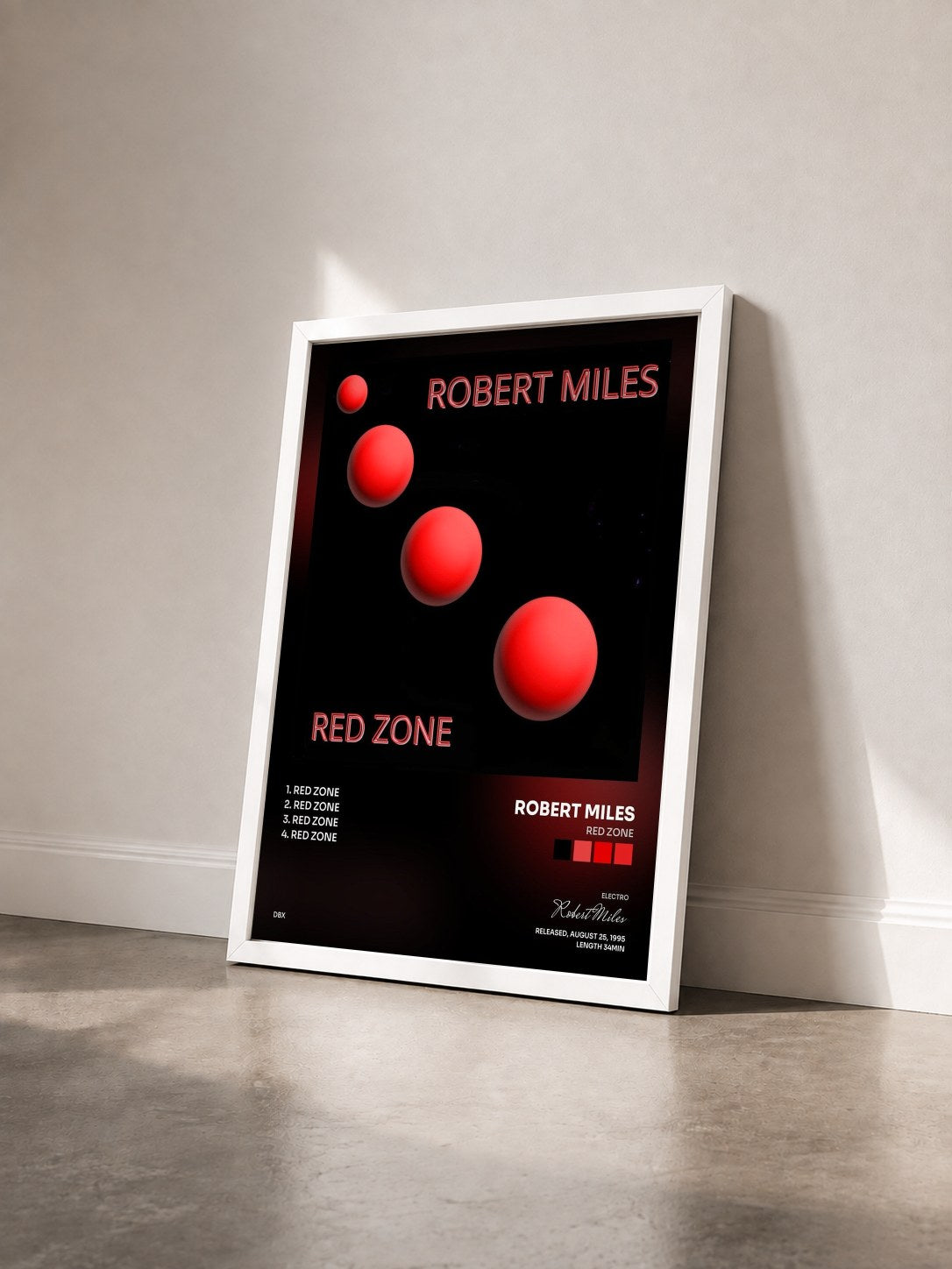 #blanc Tableau de l'album Red Zone de Robert Miles vu de trois quarts, cadre blanc
