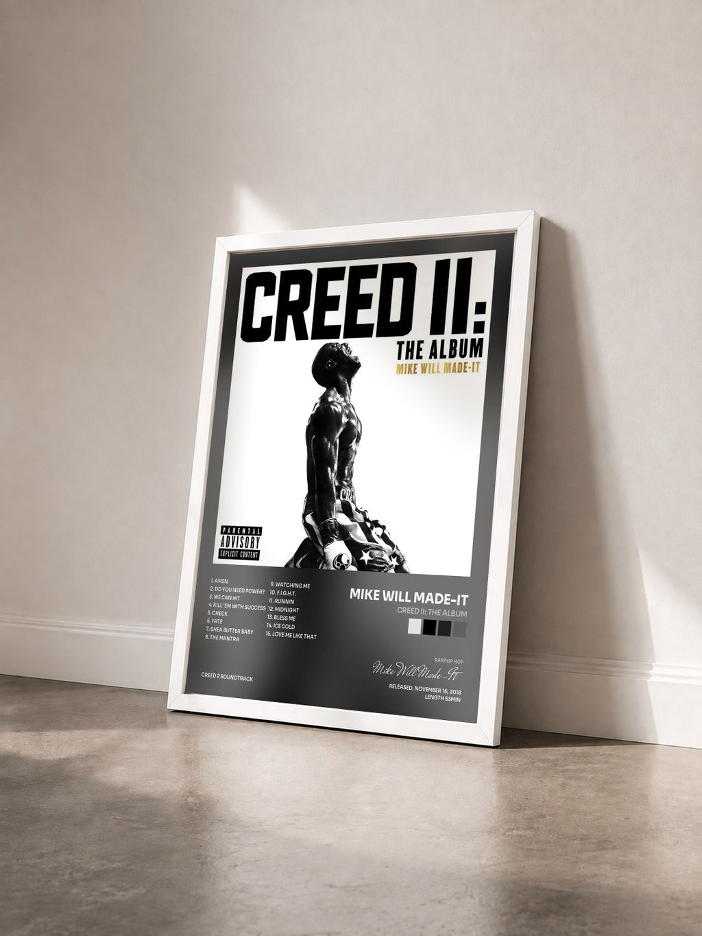#blanc Tableau de l'album Creed II: The Album de Mike Will Made-It vu de trois quarts, cadre blanc
