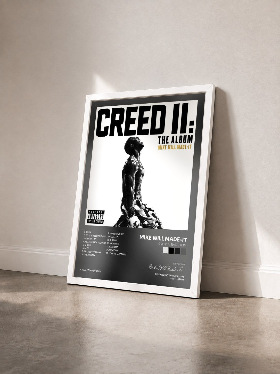 #blanc Tableau de l'album Creed II: The Album de Mike Will Made-It vu de trois quarts, cadre blanc