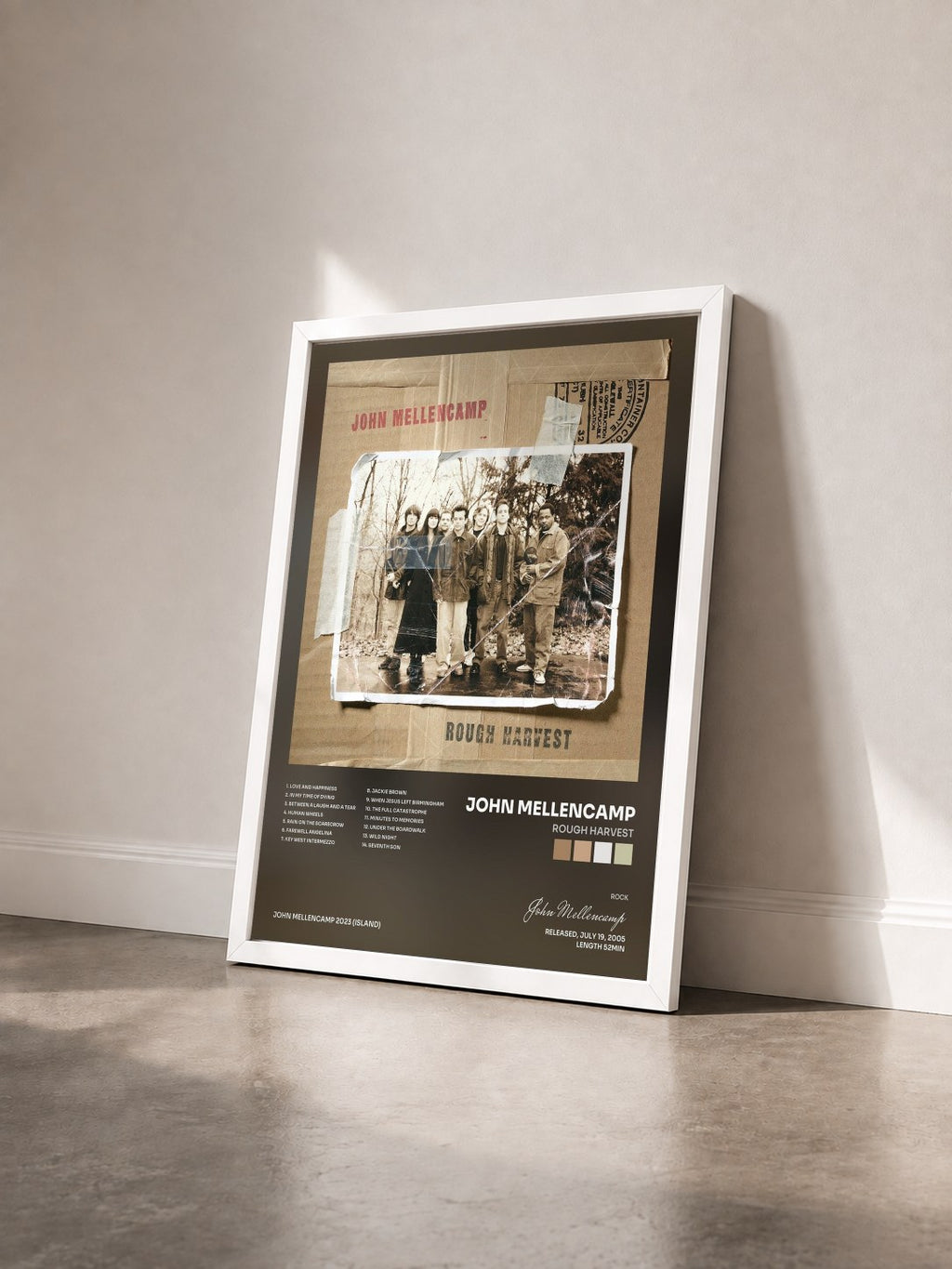 #blanc Tableau de l'album Rough Harvest de John Mellencamp vu de trois quarts, cadre blanc