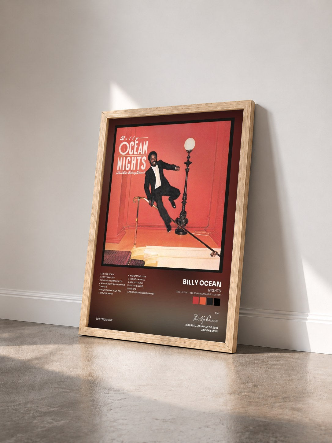 #bois Tableau de l'album Nights (Feel Like Getting Down) (Expanded Edition) de Billy Ocean vu de trois quarts, cadre en bois brut