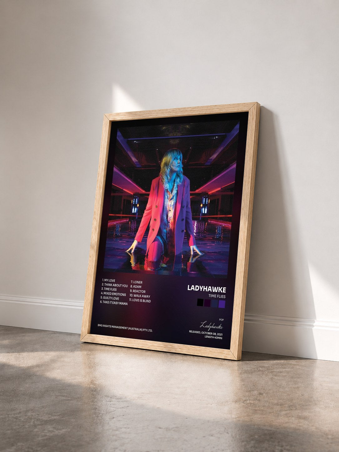 #bois Tableau de l'album Time Flies de Ladyhawke vu de trois quarts, cadre en bois brut