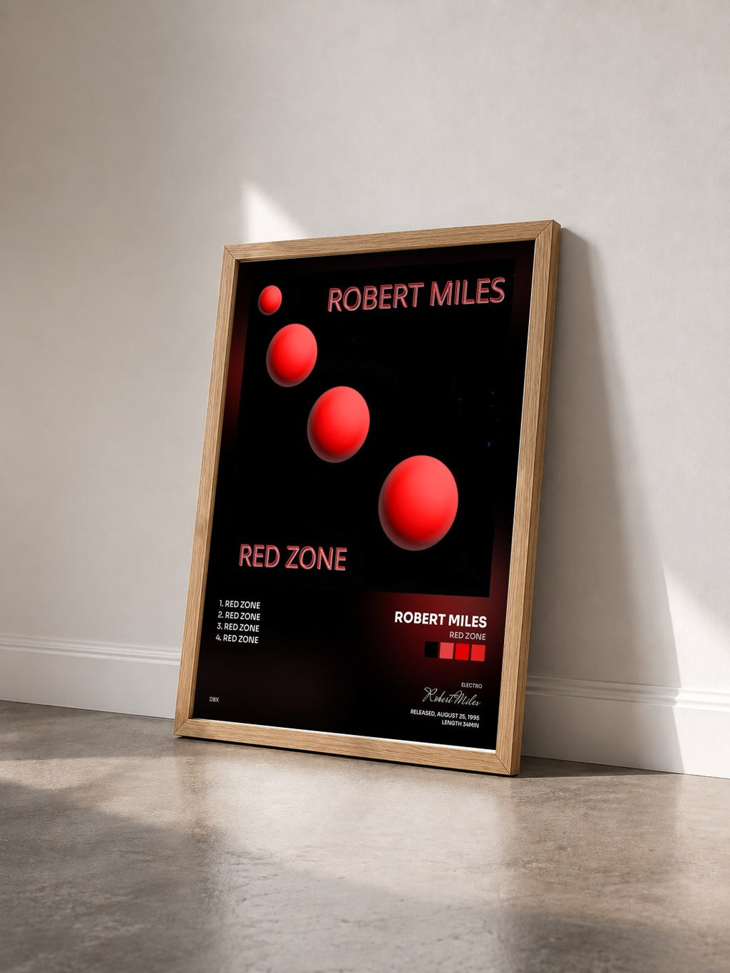 #bois Tableau de l'album Red Zone de Robert Miles vu de trois quarts, cadre en bois brut