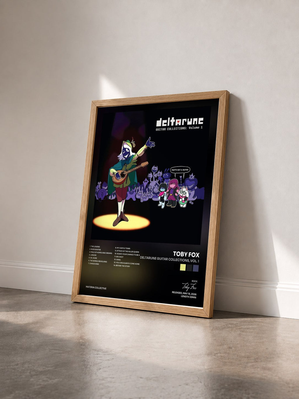 #bois Tableau de l'album DELTARUNE Guitar Collections, Vol. 1 de Toby Fox vu de trois quarts, cadre en bois brut