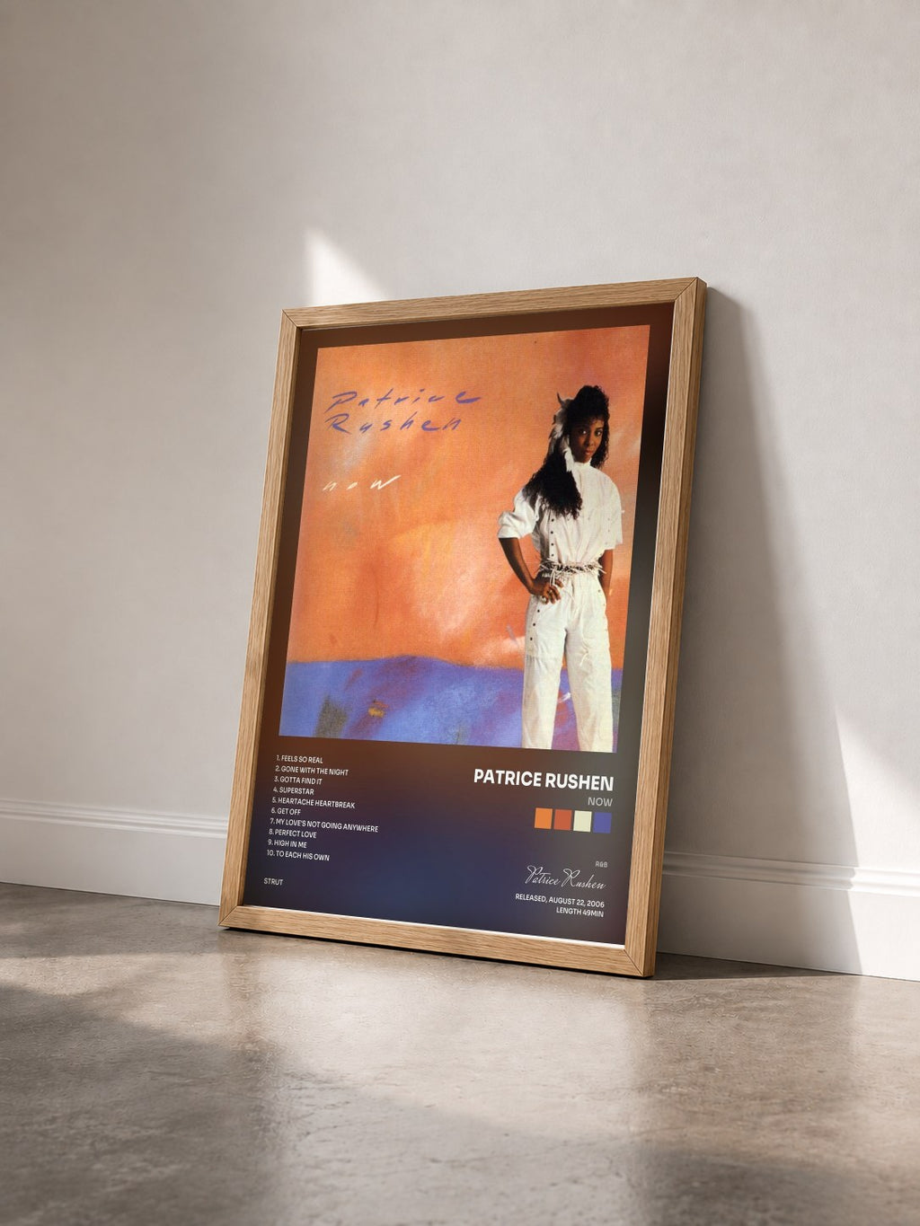 #bois Tableau de l'album Now de Patrice Rushen vu de trois quarts, cadre en bois brut