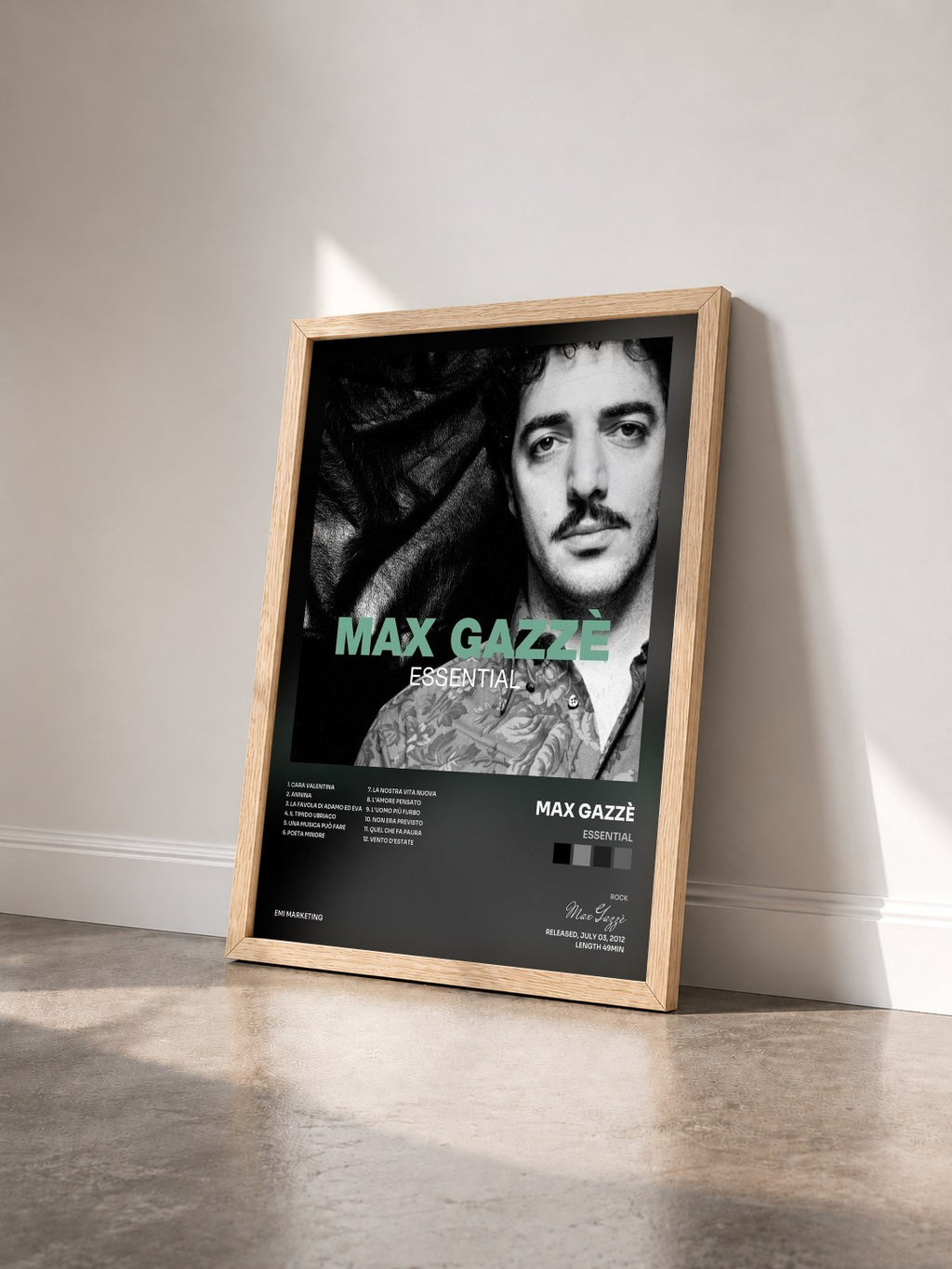 #bois Tableau de l'album Essential de Max Gazzè vu de trois quarts, cadre en bois brut
