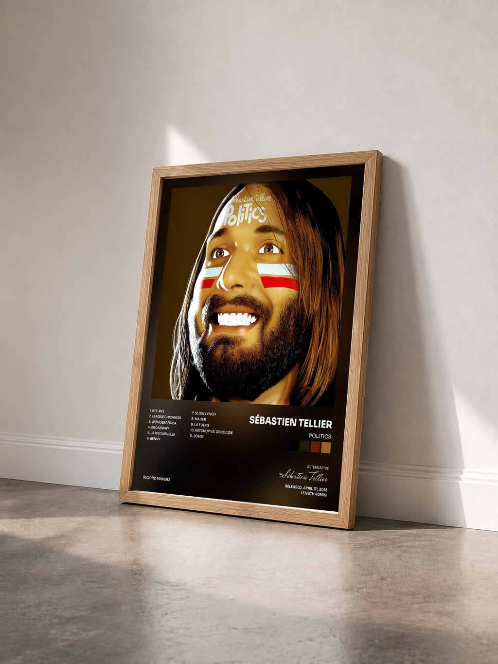 #bois Tableau de l'album Politics de Sébastien Tellier vu de trois quarts, cadre en bois brut