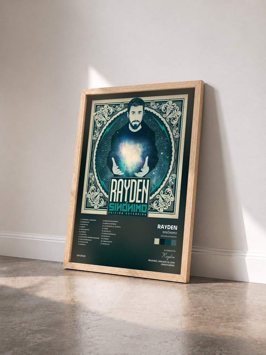 #bois Tableau de l'album Sinónimo (Edición extendida) de Rayden vu de trois quarts, cadre en bois brut