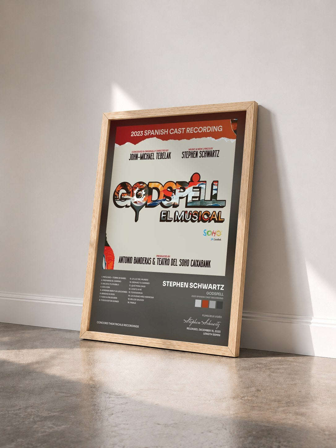 #bois Tableau de l'album Godspell (2023 Spanish Cast Recording) de Stephen Schwartz vu de trois quarts, cadre en bois brut
