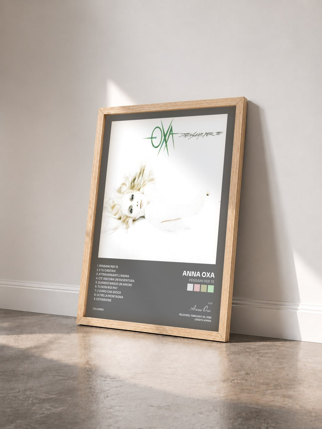 #bois Tableau de l'album Pensami Per Te de Anna Oxa vu de trois quarts, cadre en bois brut