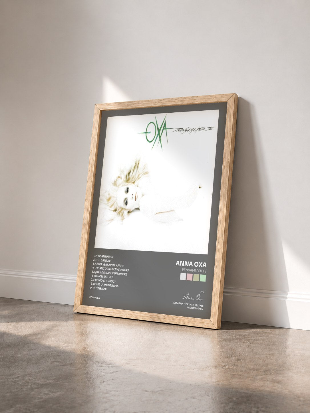 #bois Tableau de l'album Pensami Per Te de Anna Oxa vu de trois quarts, cadre en bois brut