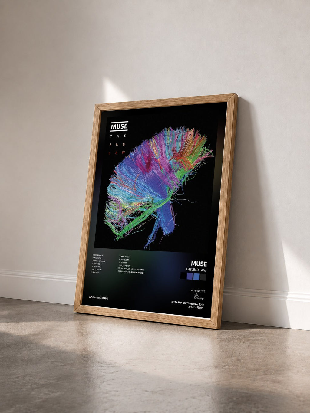 #bois Tableau de l'album The 2nd Law de Muse vu de trois quarts, cadre en bois brut