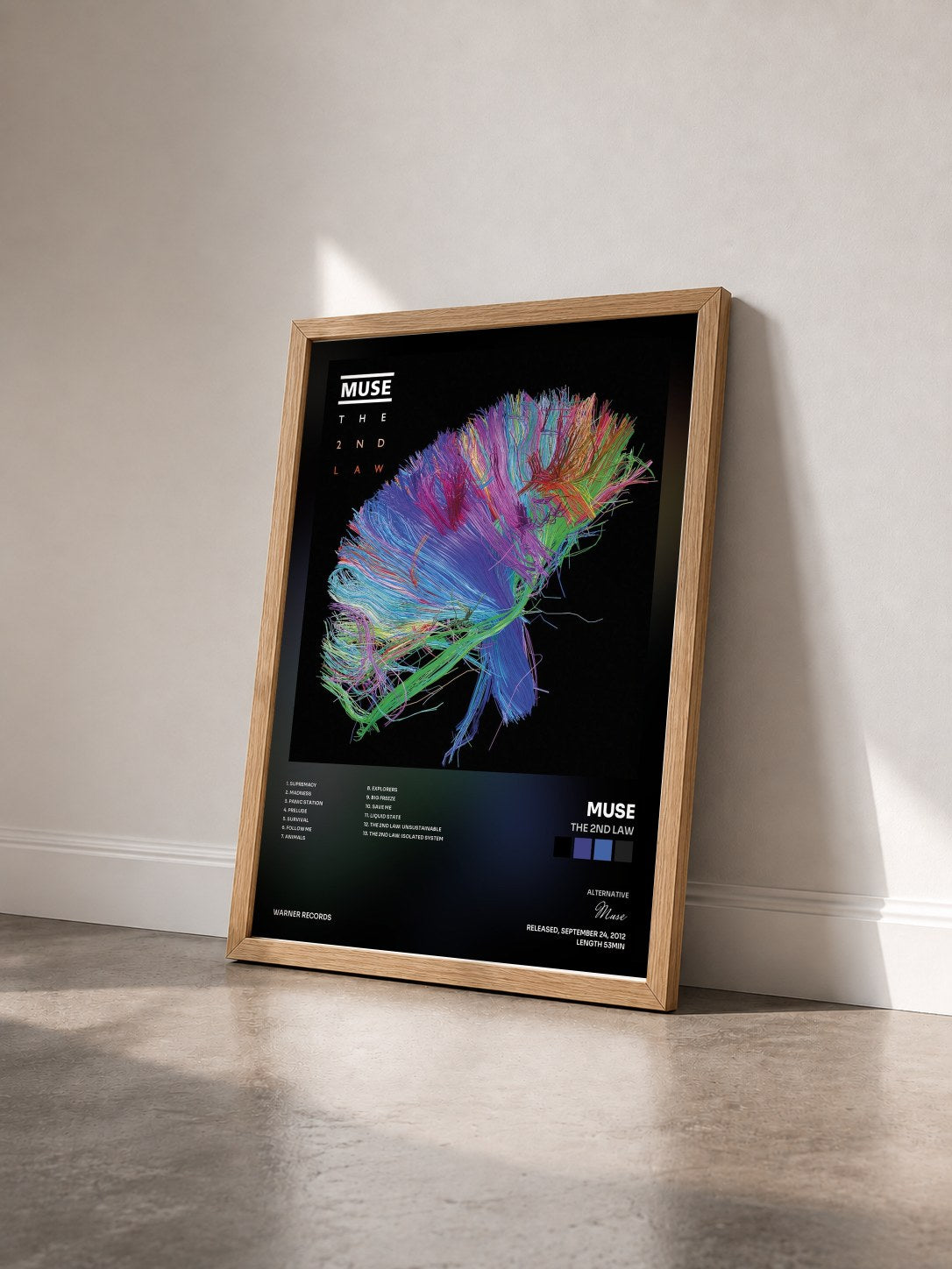 #bois Tableau de l'album The 2nd Law de Muse vu de trois quarts, cadre en bois brut