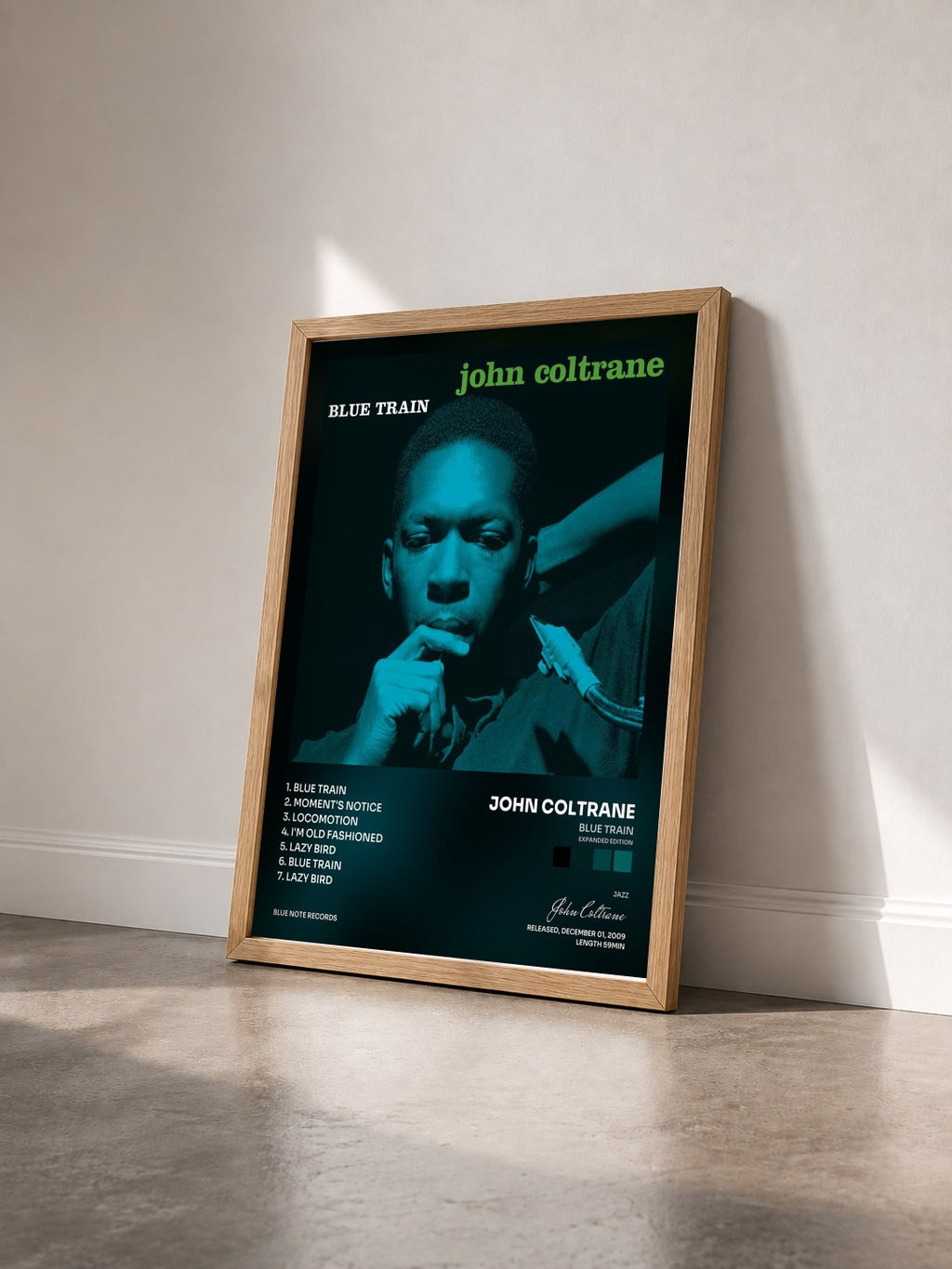 #bois Tableau de l'album Blue Train (Expanded Edition) de John Coltrane vu de trois quarts, cadre en bois brut