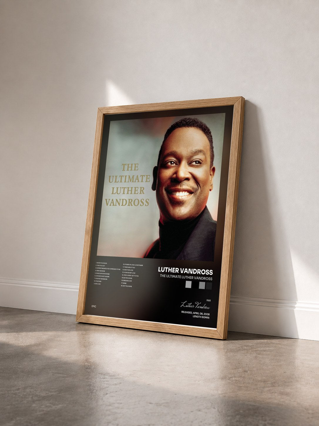 #bois Tableau de l'album The Ultimate Luther Vandross de Luther Vandross vu de trois quarts, cadre en bois brut