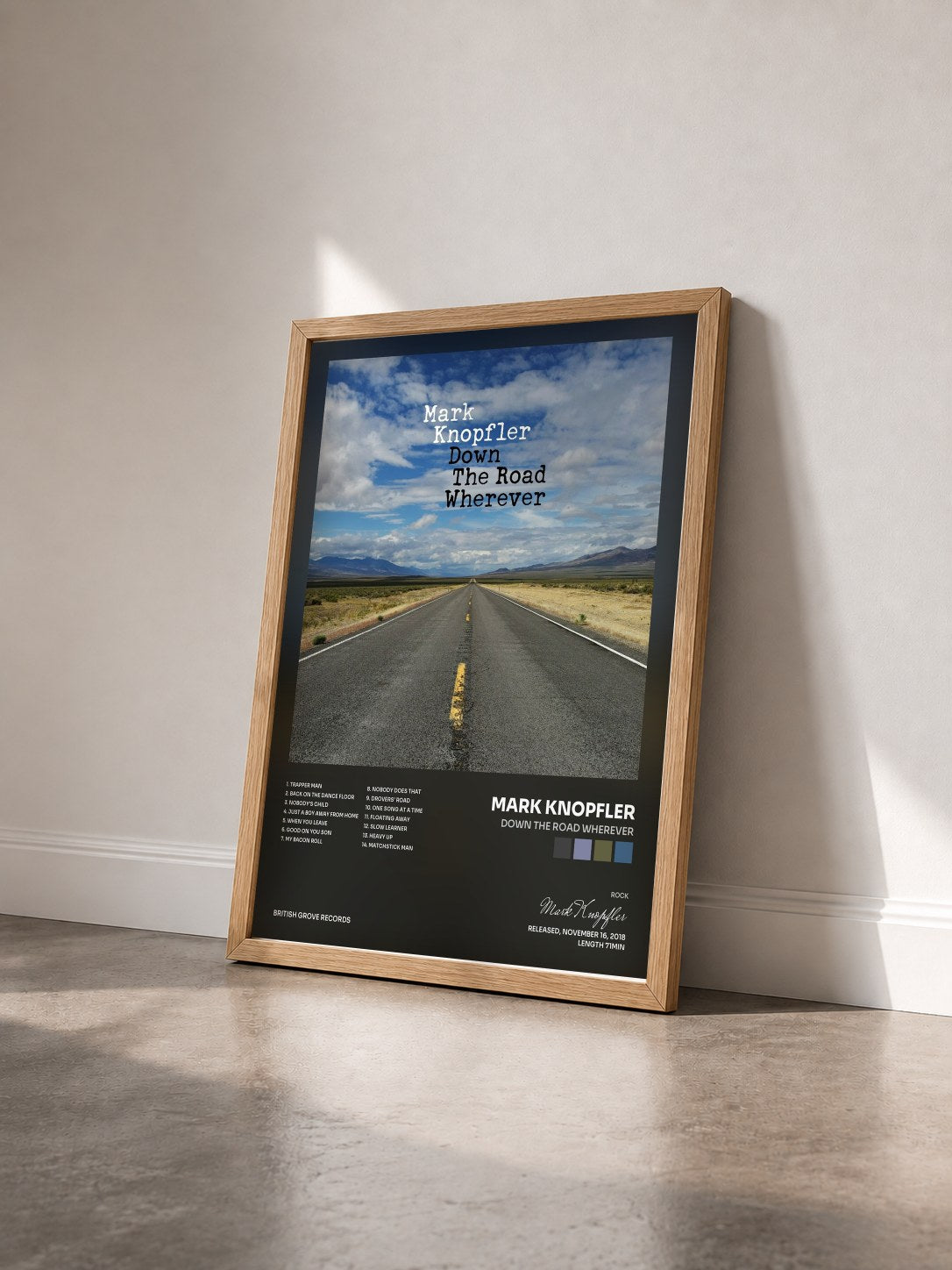#bois Tableau de l'album Down The Road Wherever de Mark Knopfler vu de trois quarts, cadre en bois brut