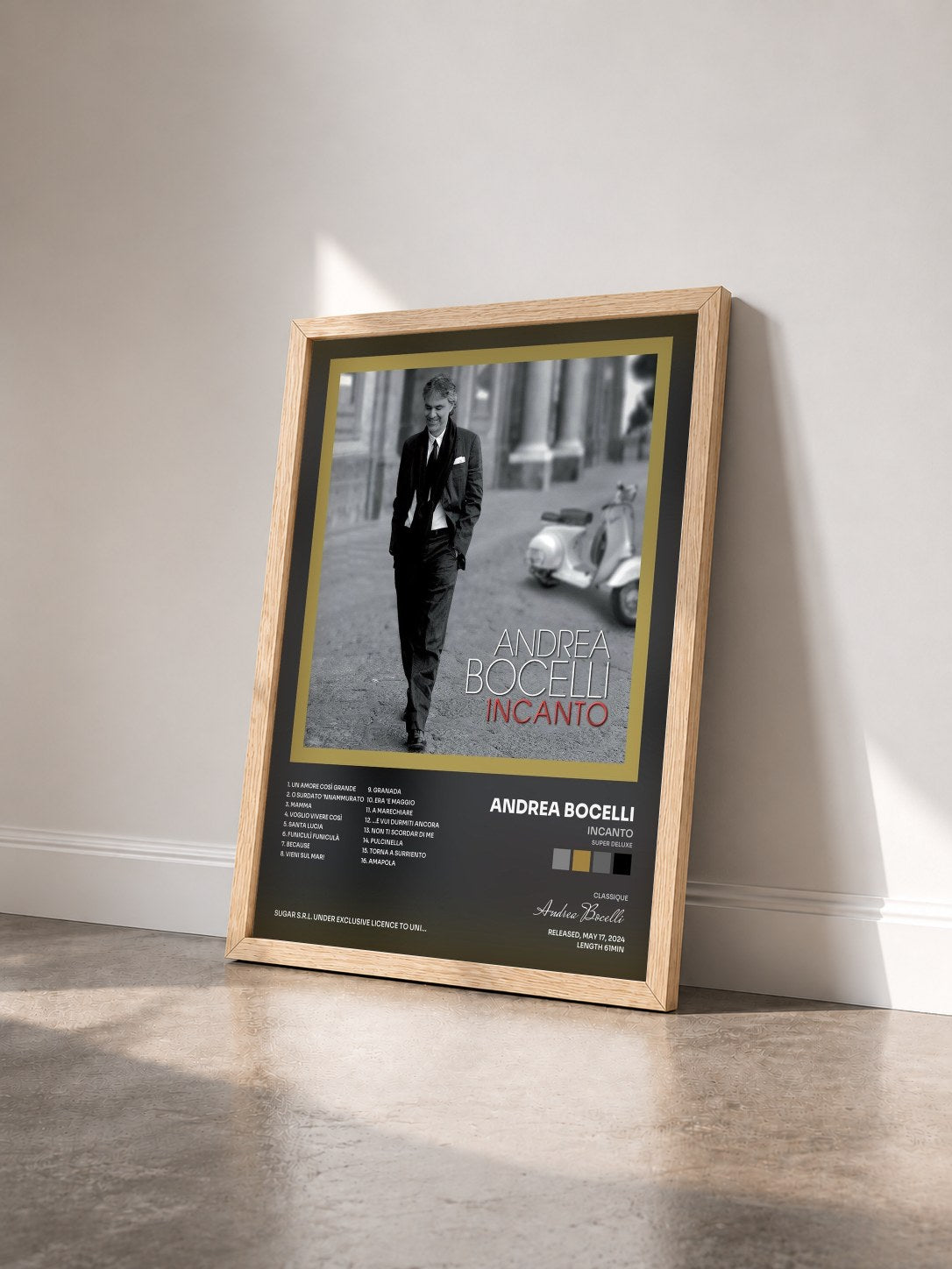 #bois Tableau de l'album Incanto (Super Deluxe) de Andrea Bocelli vu de trois quarts, cadre en bois brut