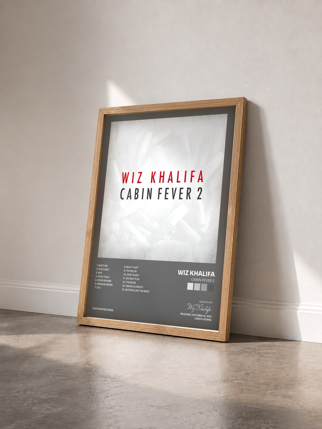 #bois Tableau de l'album Cabin Fever 2 de Wiz Khalifa vu de trois quarts, cadre en bois brut
