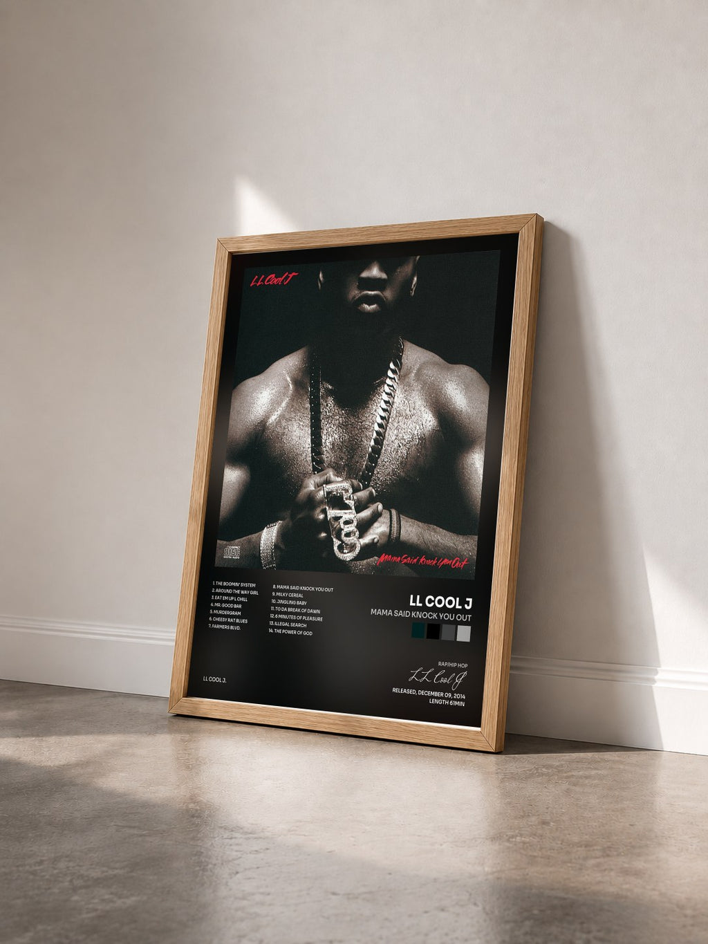 #bois Tableau de l'album Mama Said Knock You Out de LL Cool J vu de trois quarts, cadre en bois brut