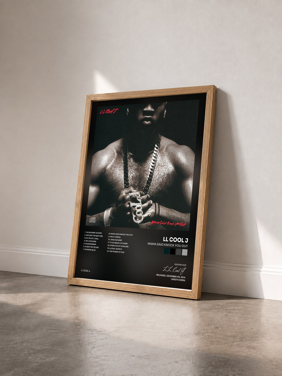 #bois Tableau de l'album Mama Said Knock You Out de LL Cool J vu de trois quarts, cadre en bois brut