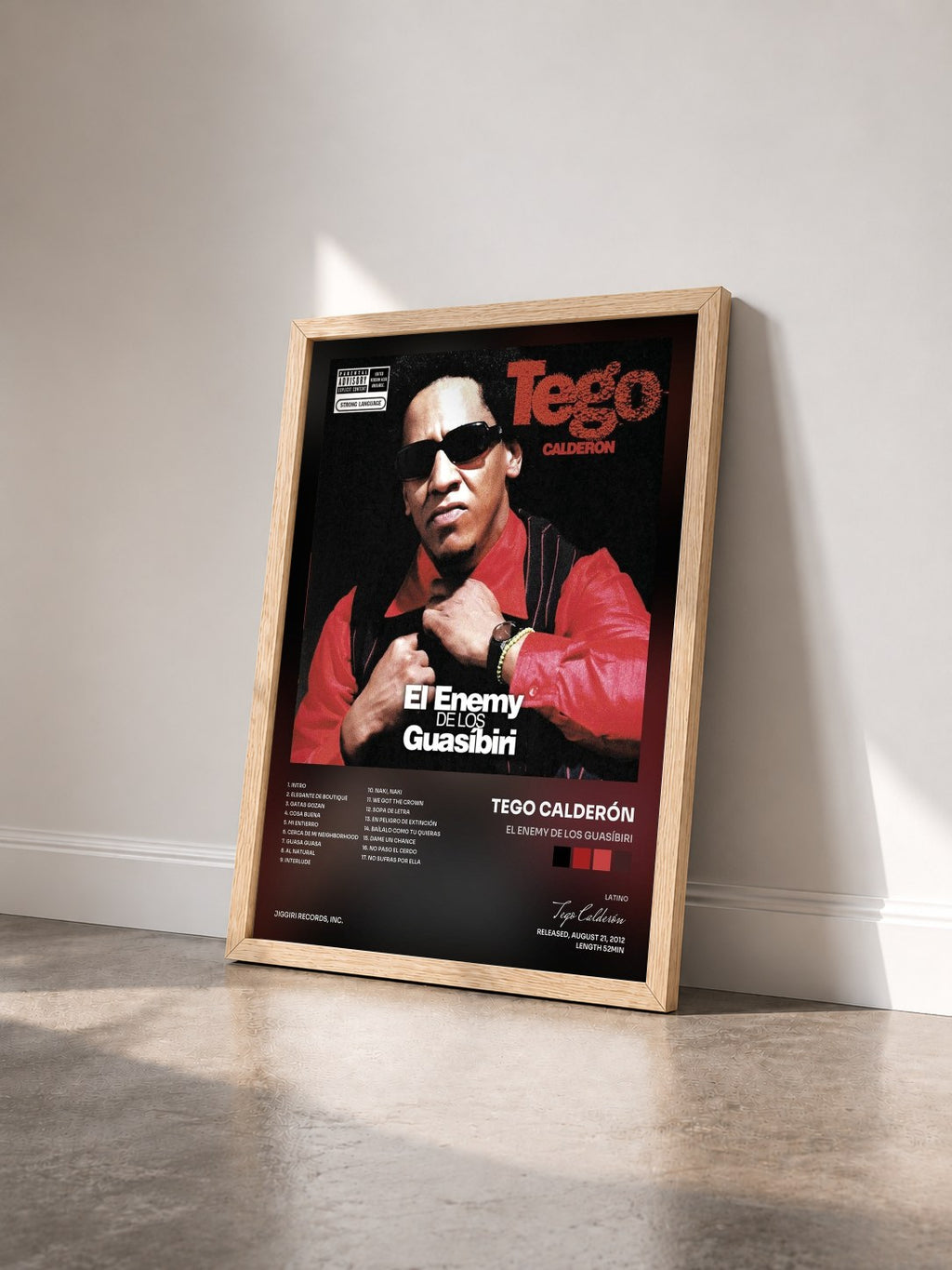 #bois Tableau de l'album El Enemy de Los Guasíbiri de Tego Calderón vu de trois quarts, cadre en bois brut