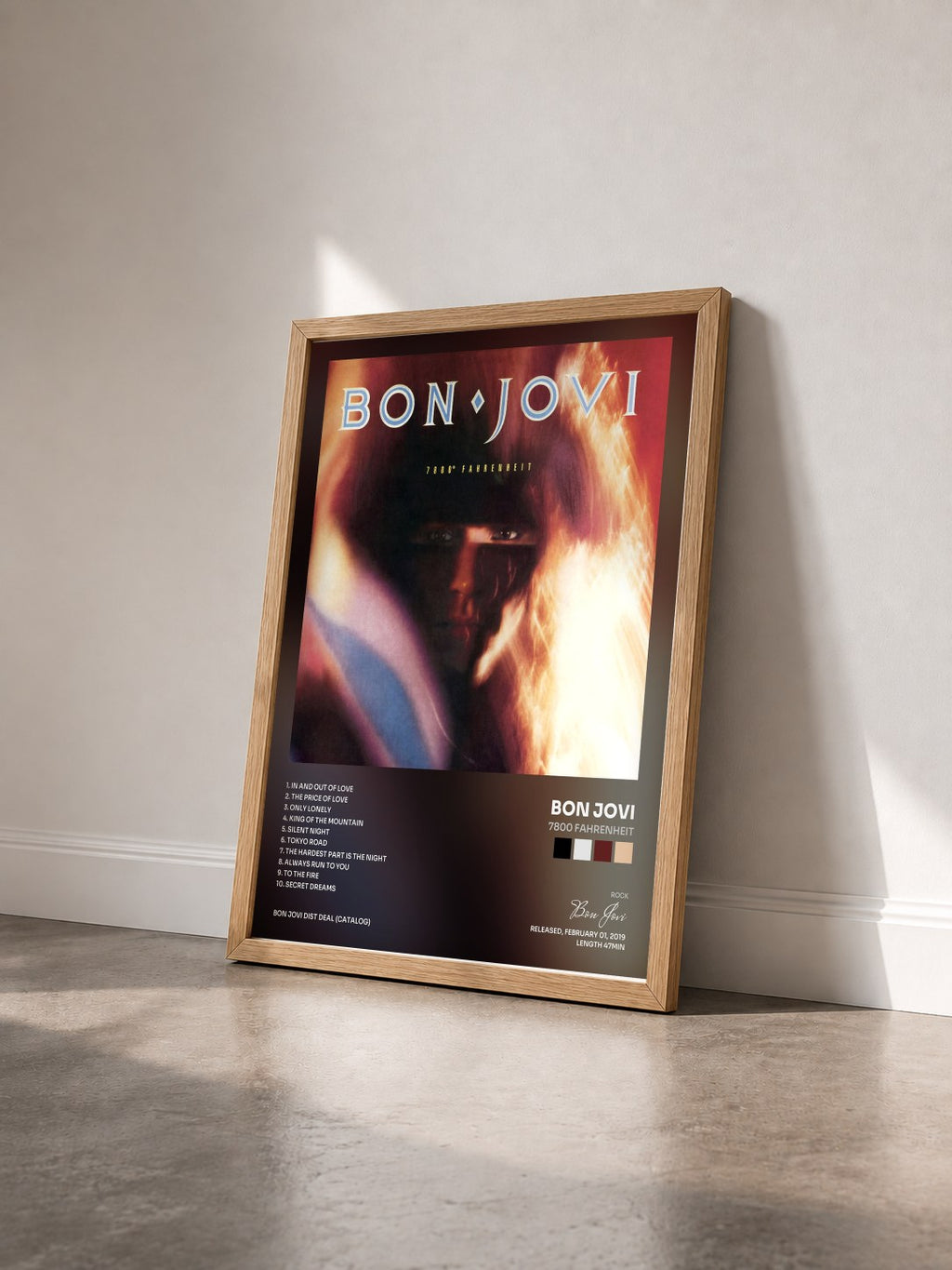 #bois Tableau de l'album 7800 Fahrenheit de Bon Jovi vu de trois quarts, cadre en bois brut