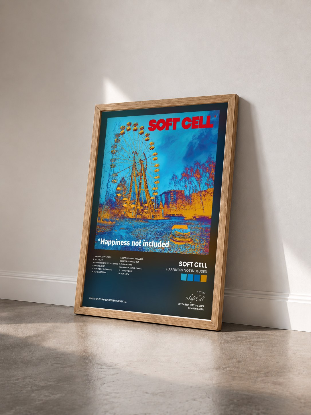 #bois Tableau de l'album Happiness Not Included de Soft Cell vu de trois quarts, cadre en bois brut