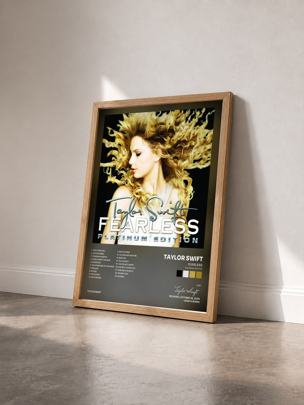 #bois Tableau de l'album Fearless (Platinum Edition) de Taylor Swift vu de trois quarts, cadre en bois brut