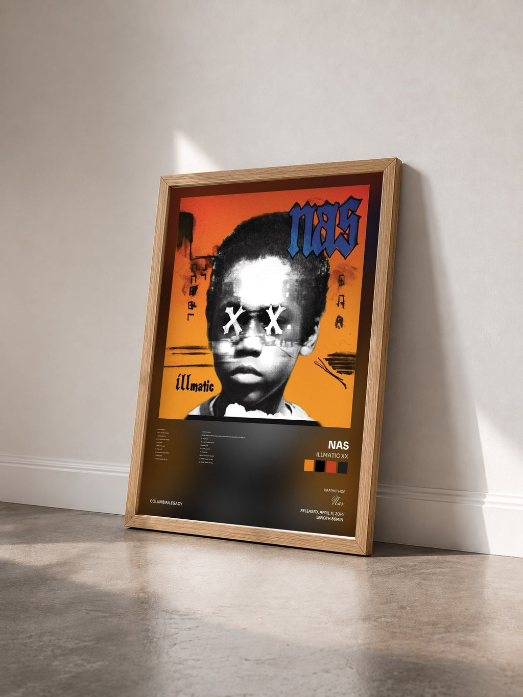 #bois Tableau de l'album Illmatic XX de Nas vu de trois quarts, cadre en bois brut