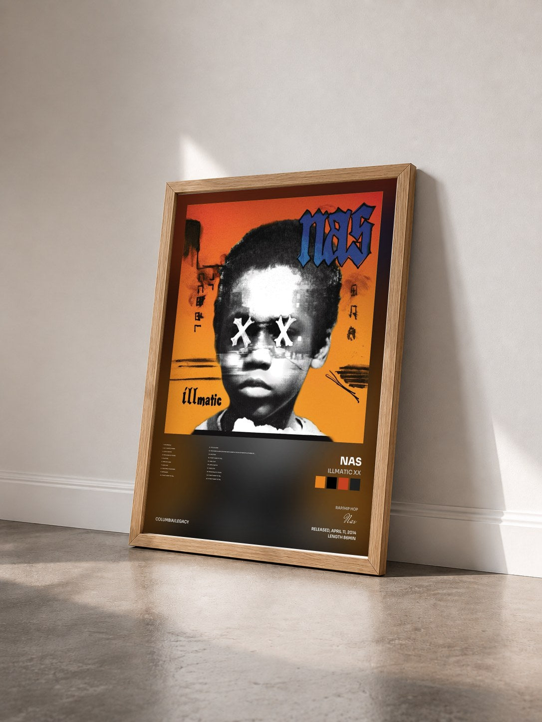 #bois Tableau de l'album Illmatic XX de Nas vu de trois quarts, cadre en bois brut