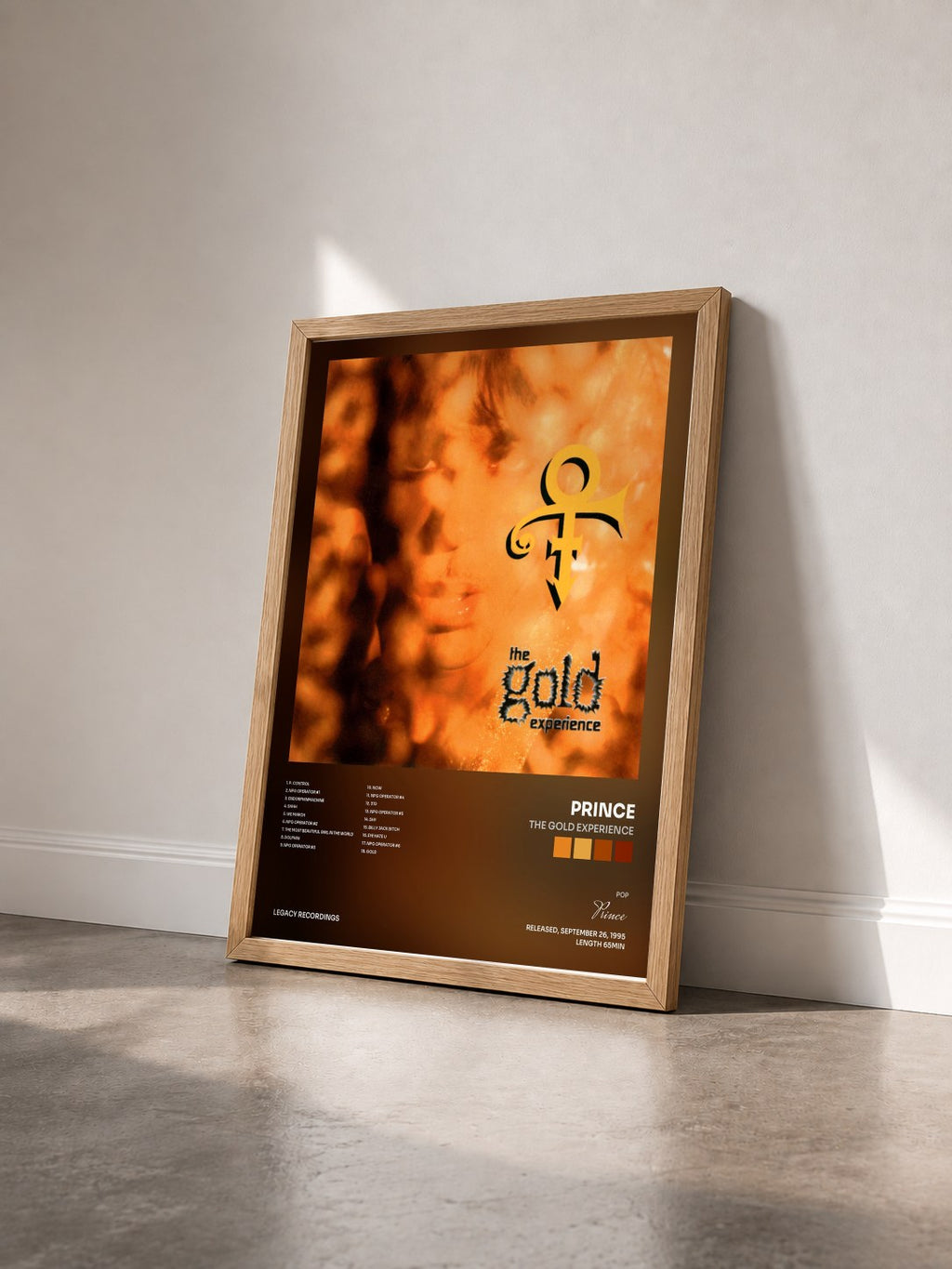 #bois Tableau de l'album The Gold Experience de Prince vu de trois quarts, cadre en bois brut