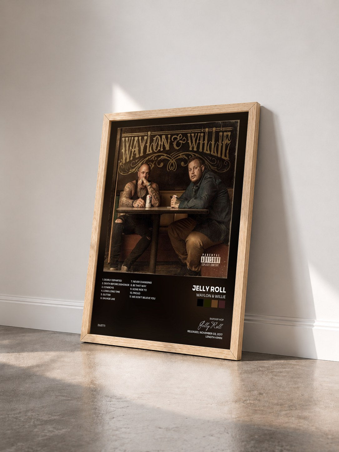#bois Tableau de l'album Waylon & Willie de Jelly Roll vu de trois quarts, cadre en bois brut