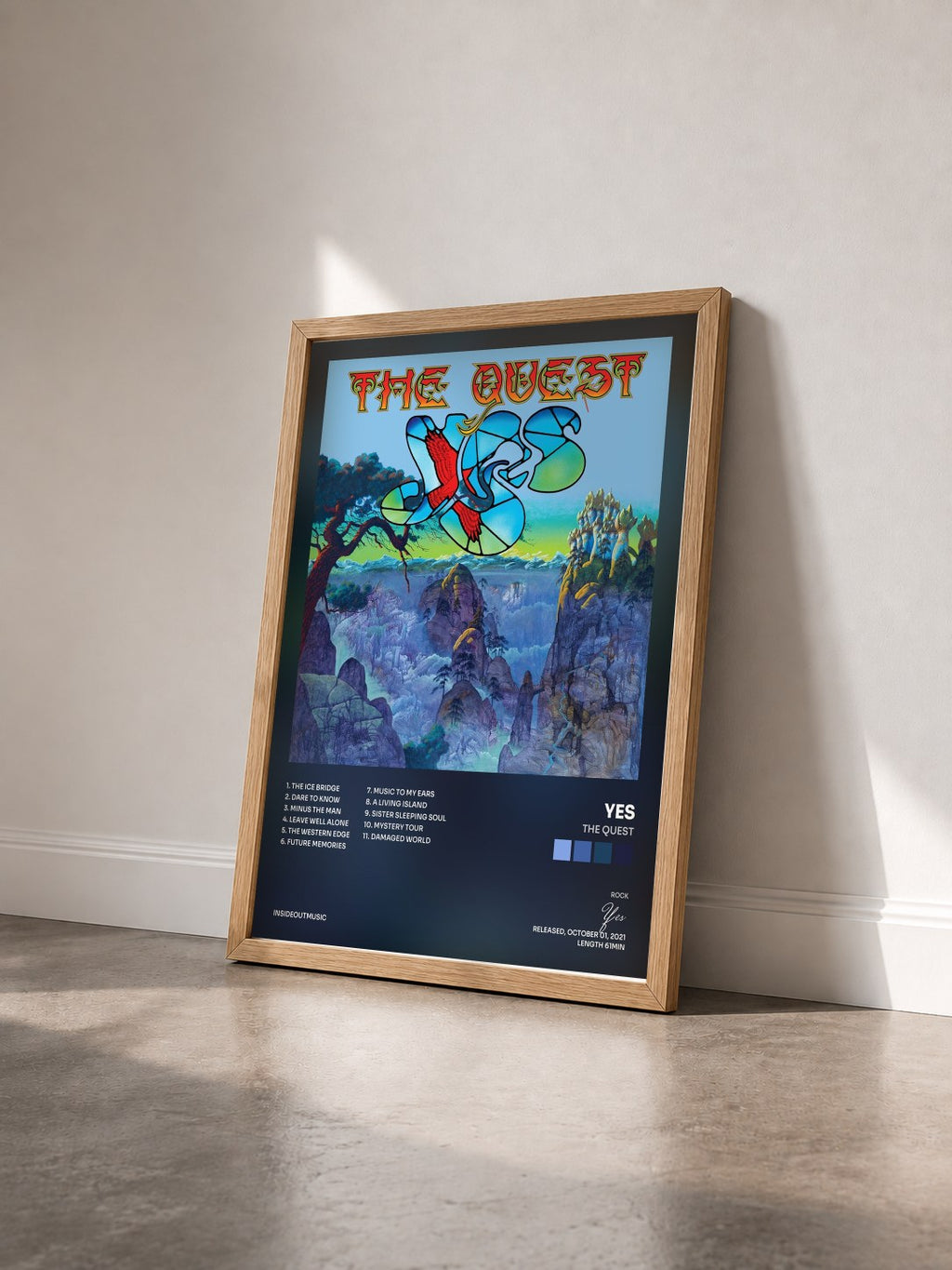 #bois Tableau de l'album The Quest de Yes vu de trois quarts, cadre en bois brut