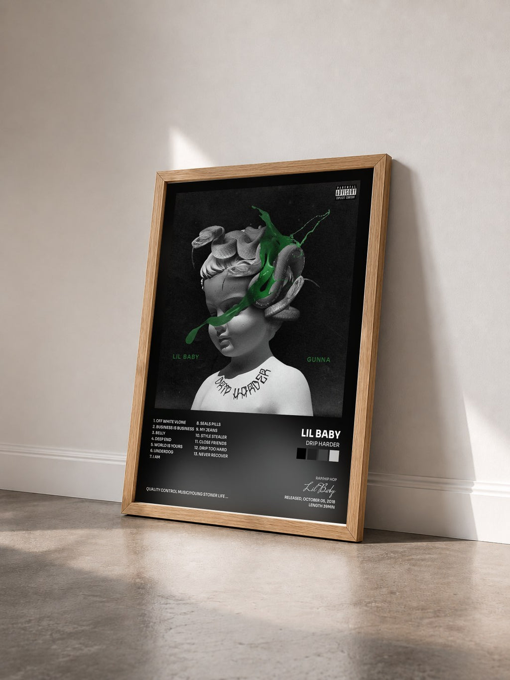 #bois Tableau de l'album Drip Harder de Lil Baby vu de trois quarts, cadre en bois brut