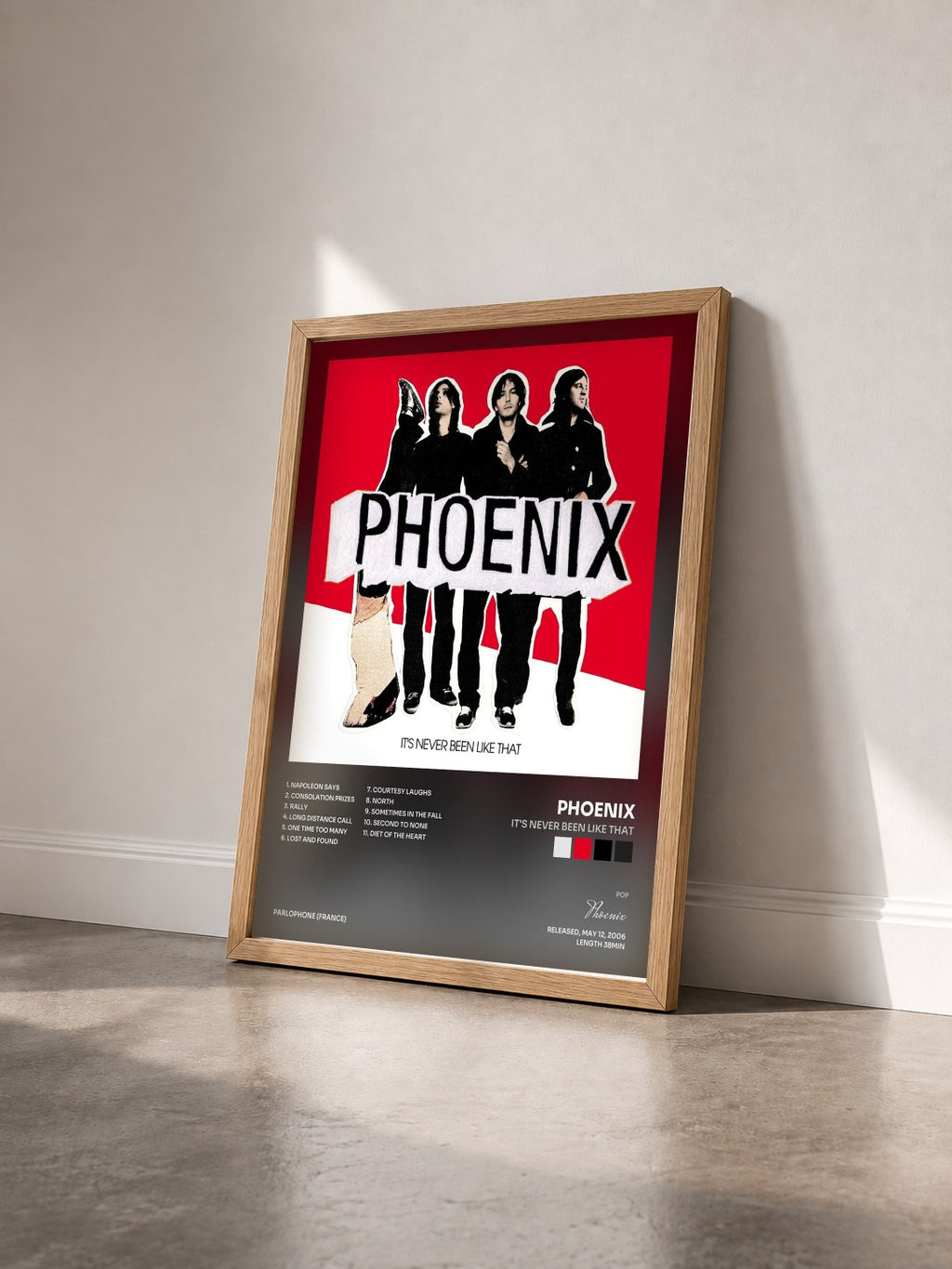 #bois Tableau de l'album It's Never Been Like that de Phoenix vu de trois quarts, cadre en bois brut