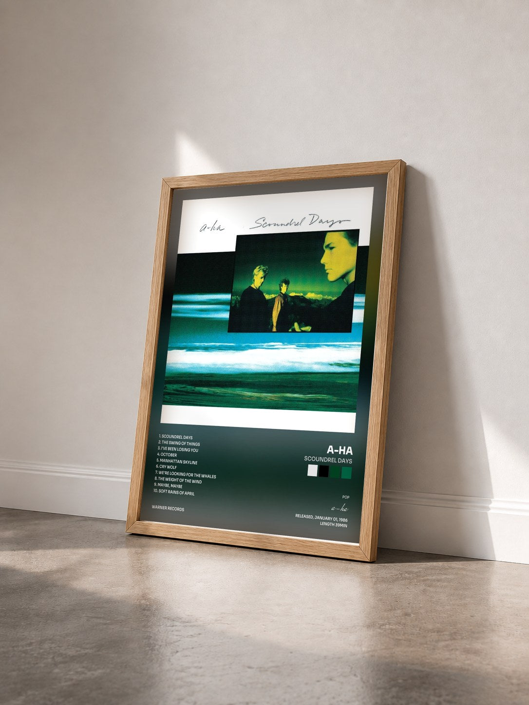 #bois Tableau de l'album Scoundrel Days de a-ha vu de trois quarts, cadre en bois brut