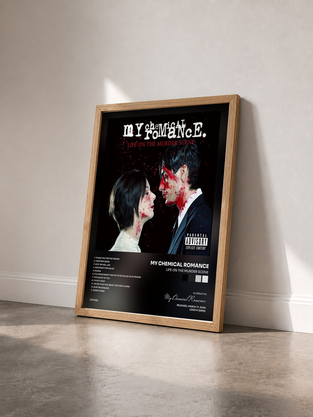 #bois Tableau de l'album Life on the Murder Scene de My Chemical Romance vu de trois quarts, cadre en bois brut