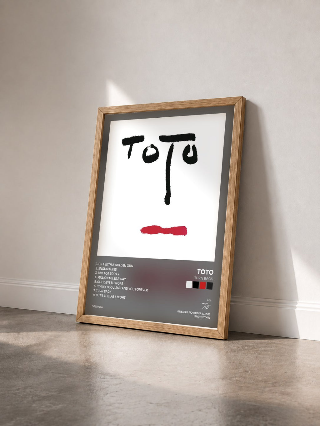 #bois Tableau de l'album Turn Back de Toto vu de trois quarts, cadre en bois brut