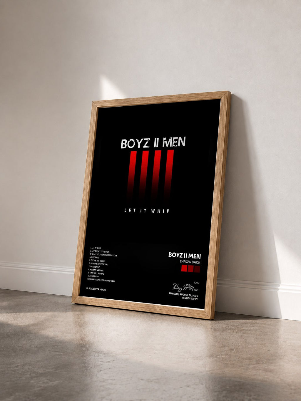 #bois Tableau de l'album Throw Back de Boyz II Men vu de trois quarts, cadre en bois brut