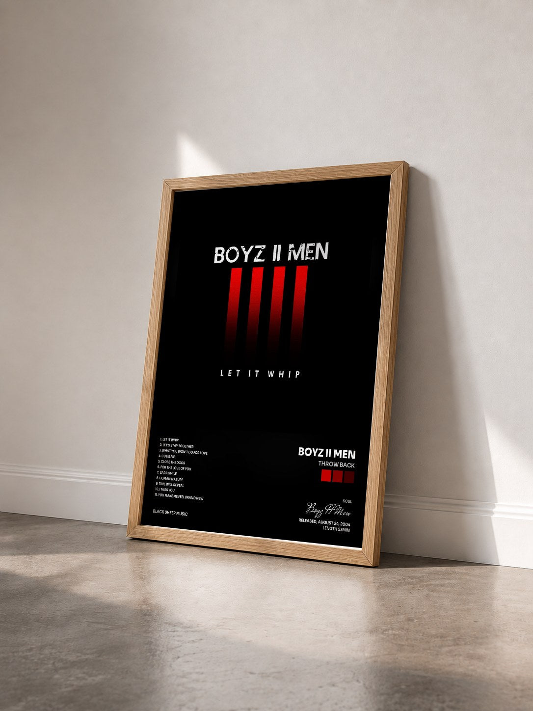 #bois Tableau de l'album Throw Back de Boyz II Men vu de trois quarts, cadre en bois brut