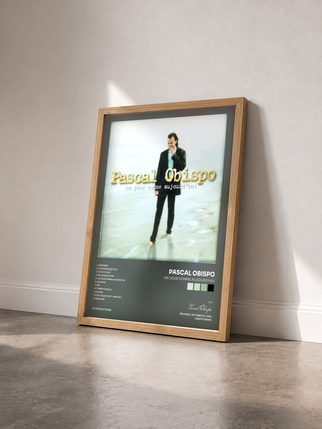 #bois Tableau de l'album Un jour comme aujourd'hui de Pascal Obispo vu de trois quarts, cadre en bois brut