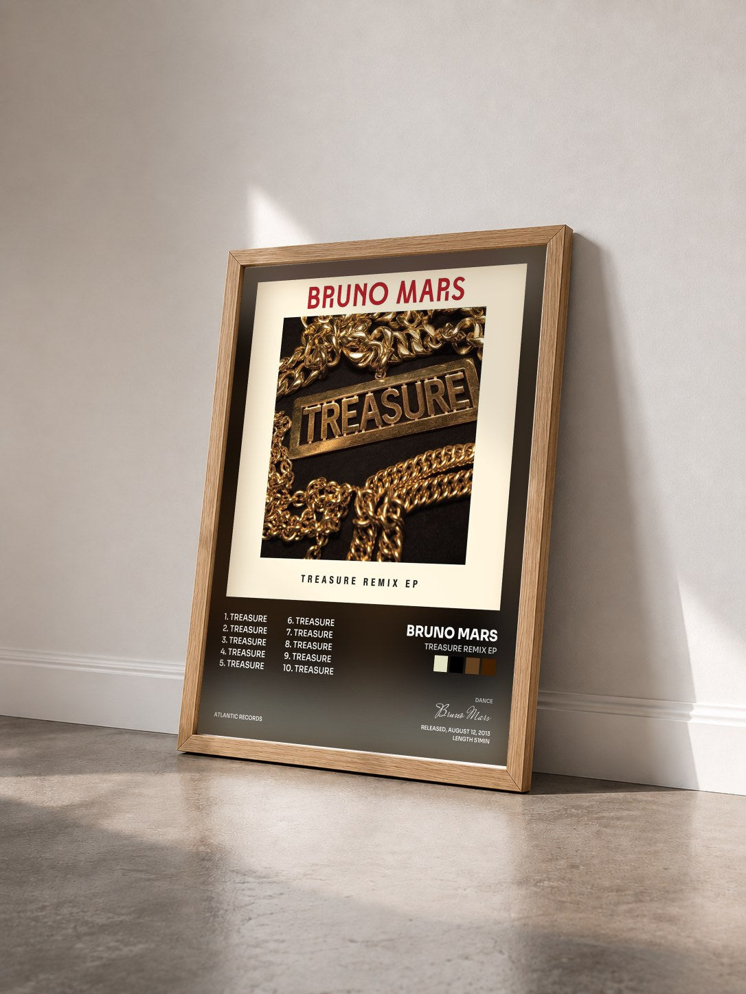 #bois Tableau de l'album Treasure Remix EP de Bruno Mars vu de trois quarts, cadre en bois brut