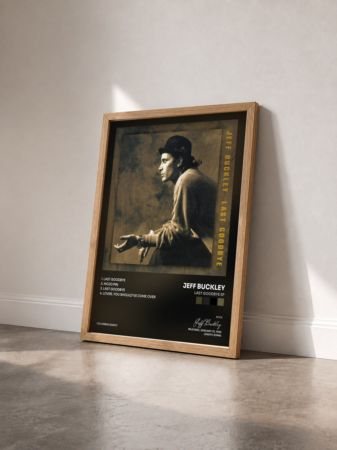 #bois Tableau de l'album Last Goodbye EP de Jeff Buckley vu de trois quarts, cadre en bois brut