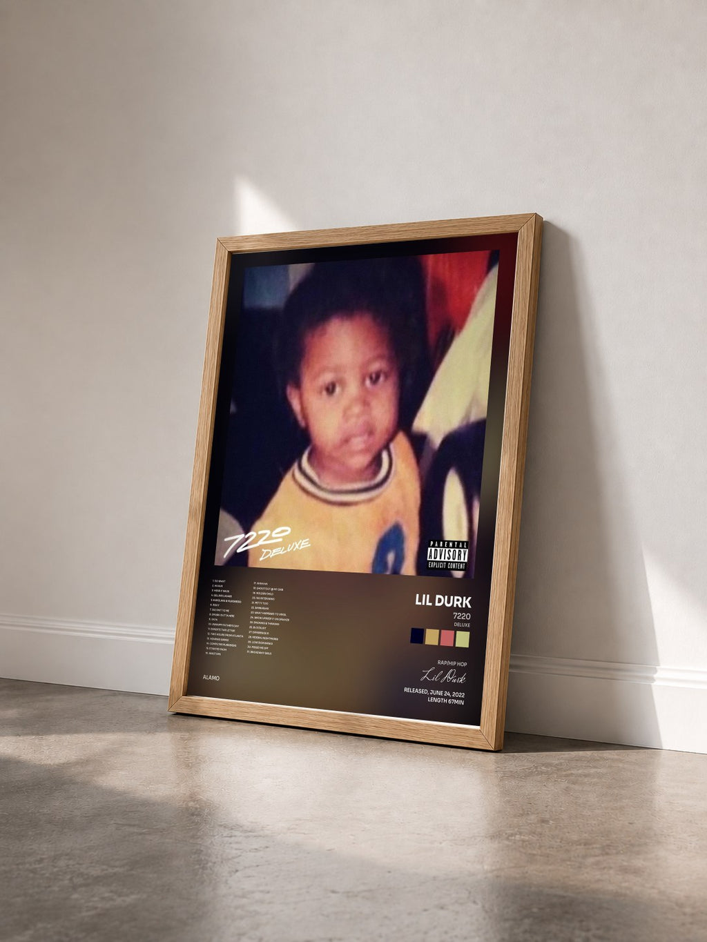 #bois Tableau de l'album 7220 (Deluxe) de Lil Durk vu de trois quarts, cadre en bois brut